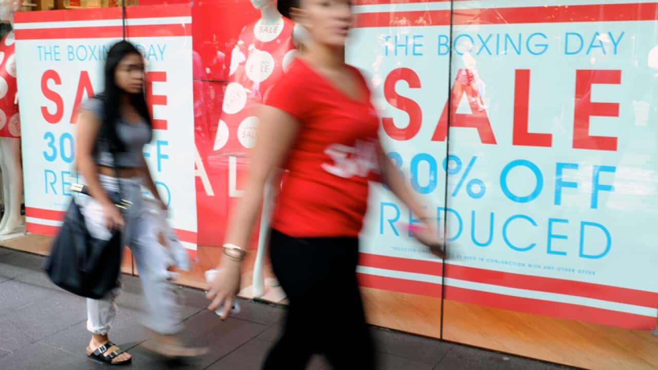 Sales signage at a store in Pitt Street Mall in Sydney