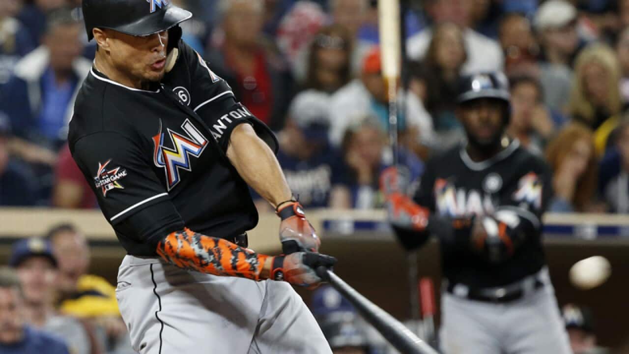 Miami Marlins' Giancarlo Stanton hits a two-run home run