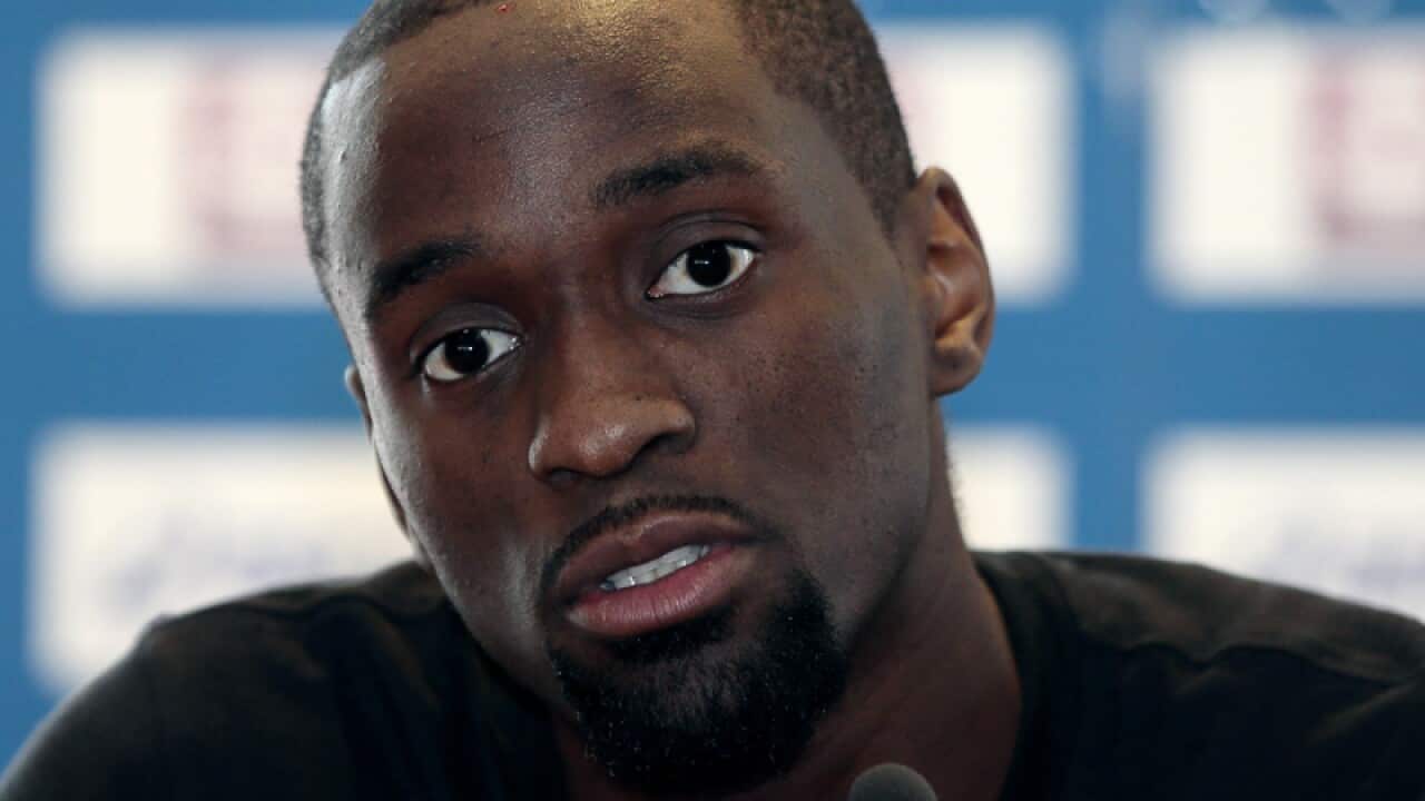 Triple jump champion Teddy Tamgho at a press conference