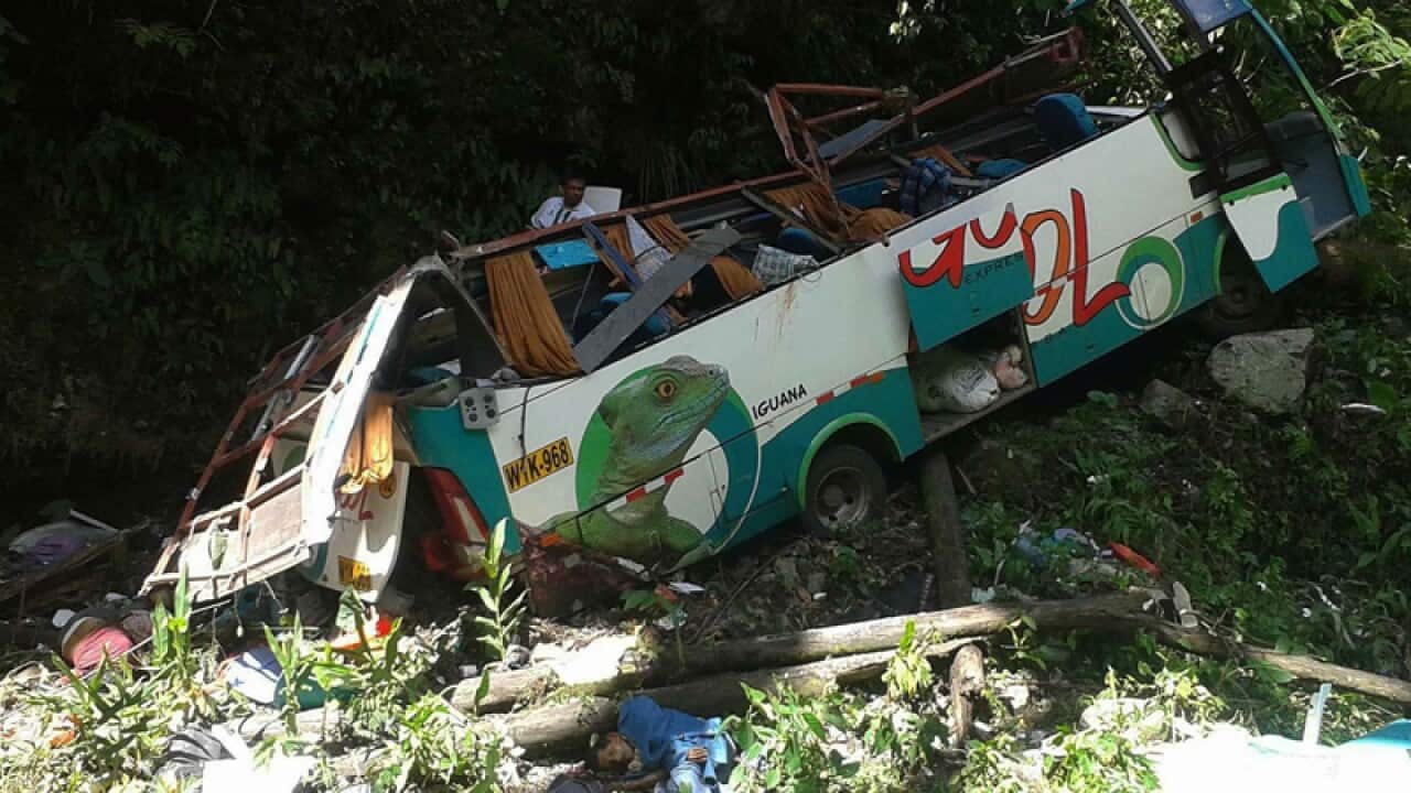 The crash site of a bus in Peru