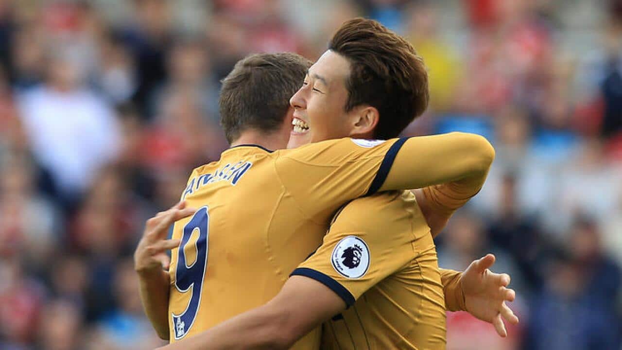Heung-Min Son celebrates with Vincent Janssen after scoring for Tottenham Hotspur.