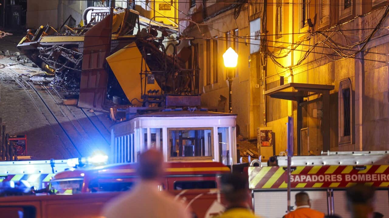 The wreckage of a funicular crash that derailed and crashed in Lisbon.