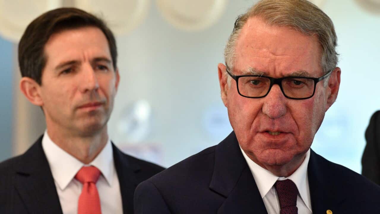 Businessman David Gonski and Minister for Education Simon Birmingham at Ermington West Public School in Sydney