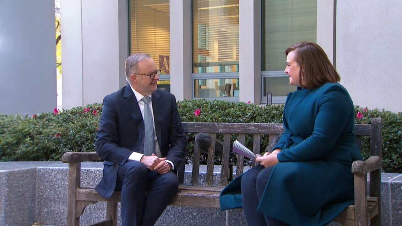 Prime Minister Anthony Albanese talks to SBS Chief Political Correspondent Anna Henderson at Parliament House. (SBS).jpg