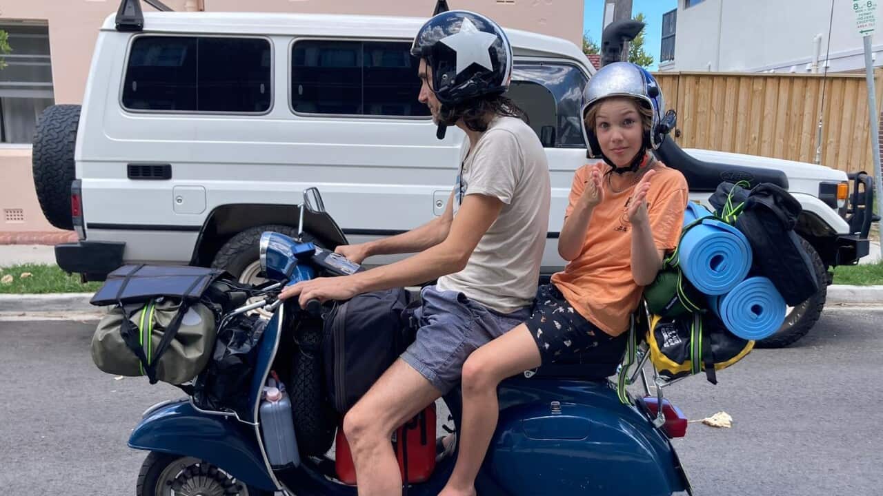 Mario and Leonardo Gabrieli on their Vespa, before leaving.