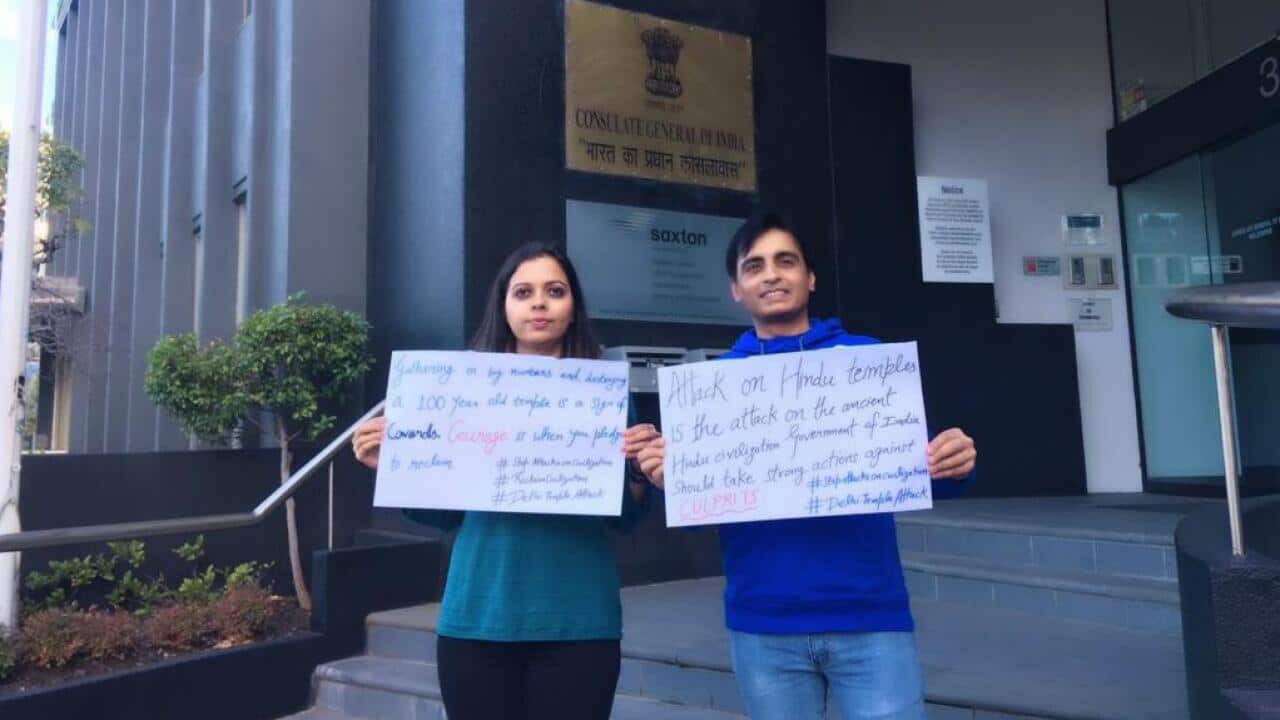 Indian Australian Couple protest at Indian Consulate Melbourne against Hindu Temple Vandalism