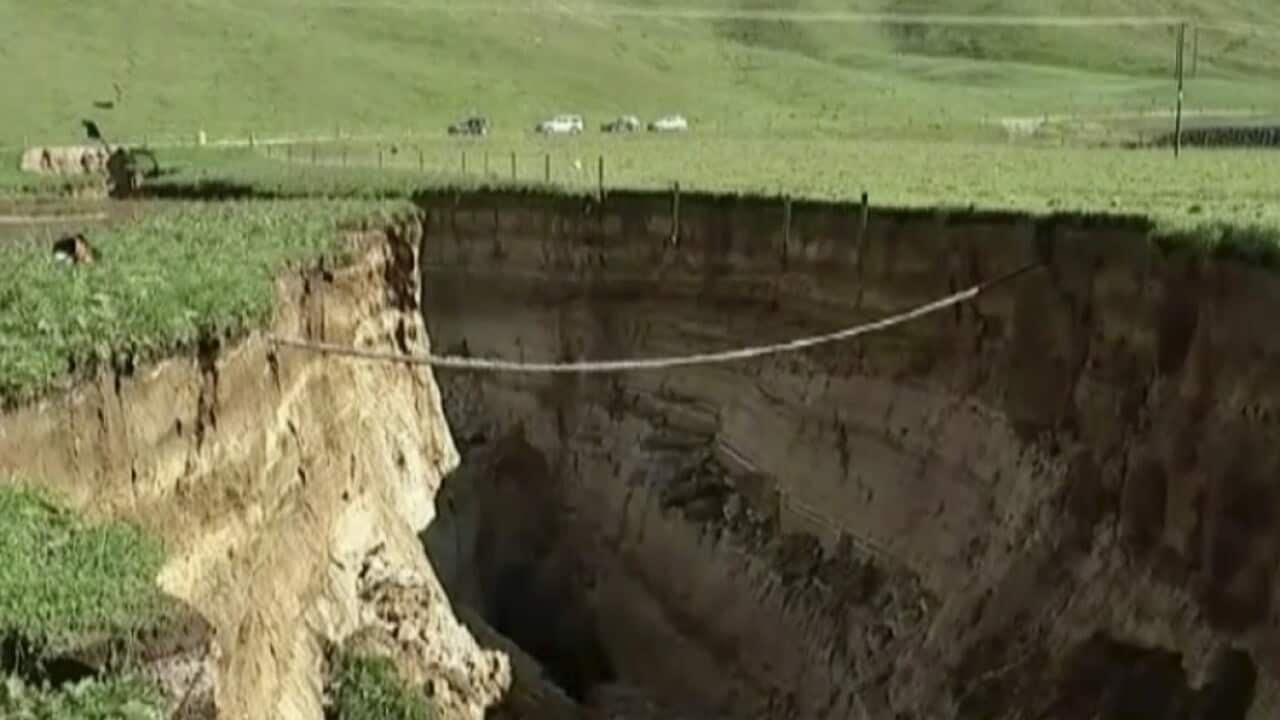 The sinkhole on a farm in Rotorua, New Zealand.