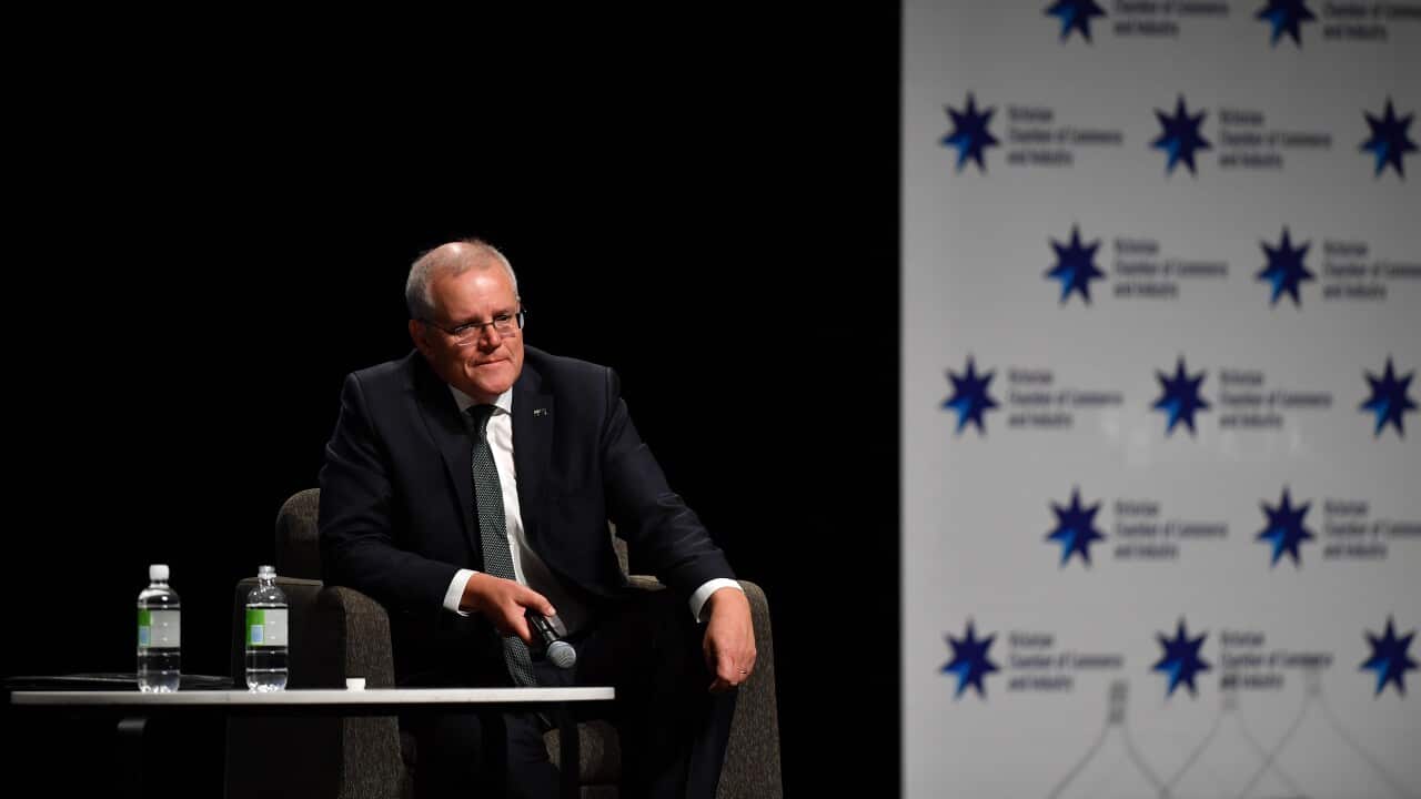Prime Minister Scott Morrison addresses the Victorian Chamber of Commerce and Industry breakfast in Melbourne, Wednesday, November 10, 2021. (AAP Image/Joel Carrett) NO ARCHIVING