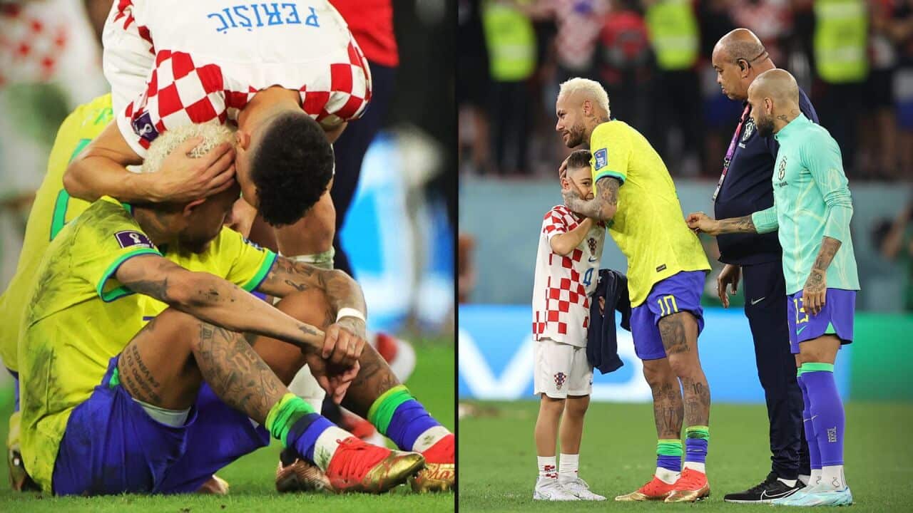 A composite image shows Ivan Perisic of Croatia consoling Brazil's Neymar on the left-hand side of the image. On the right-hand side of the image, Ivan Perisic's son Leo hugs Neymar.
