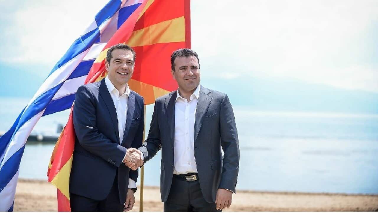Alexis Tsipras and Zoran Zaef at Prespa lake.