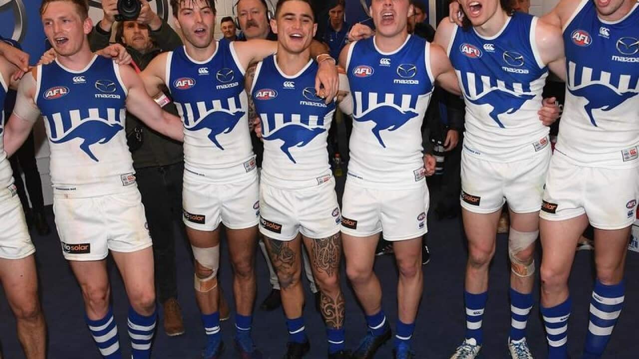 Kangaroos players after their Collingwood victory