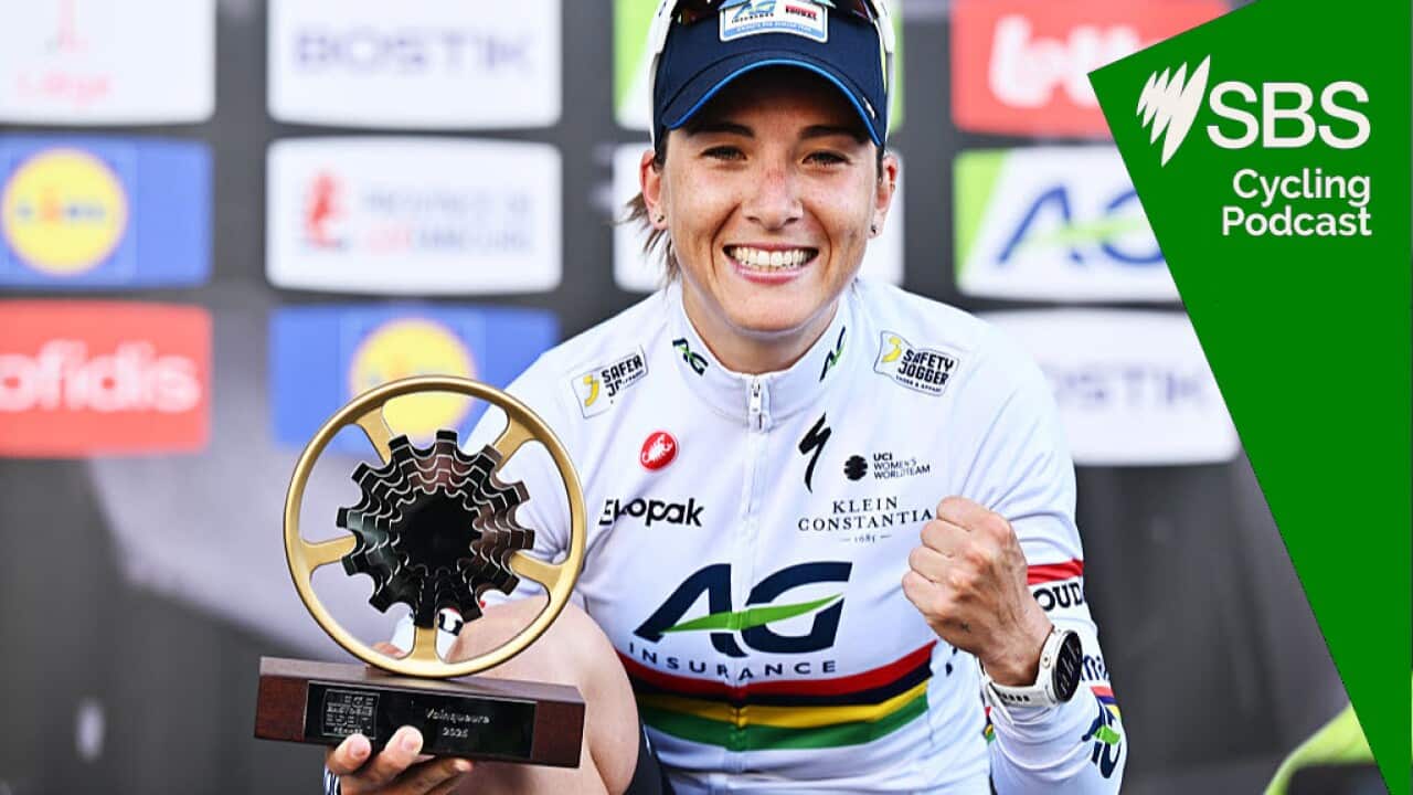 LIEGE, BELGIUM - APRIL 27: Kim Le Court of Mauritius and AG Insurance-Soudal Team celebrates at podium as race winner during the 9th Liege - Bastogne - Liege Femmes 2025 a 152.9km one day race from Bastogne to Liege / #UCIWWT / on April 27, 2025 in Liege, Belgium. (Photo by Luc Claessen/Getty Images)