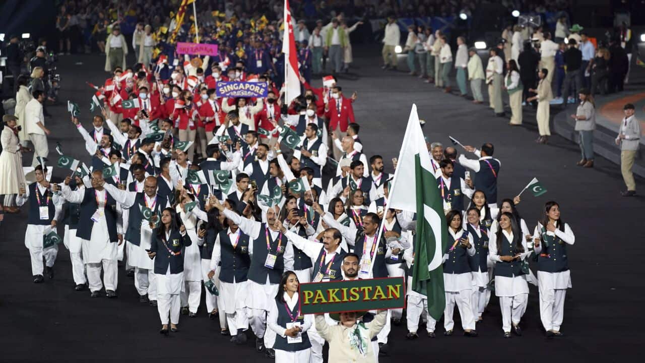 Team Pakistan parade during the opening ceremony of the Commonwealth Games at the Alexander Stadium in Birmingham, England, Thursday July 28, 2022. (Jacob King/PA via AP)