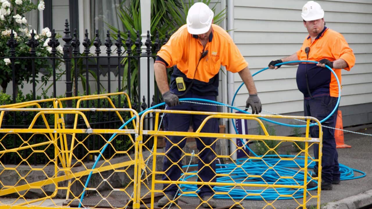 Workers connect houses to the NBN