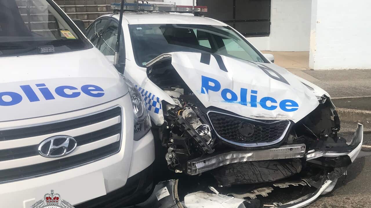 The van crashed into police cars parked outside Eastwood police station.