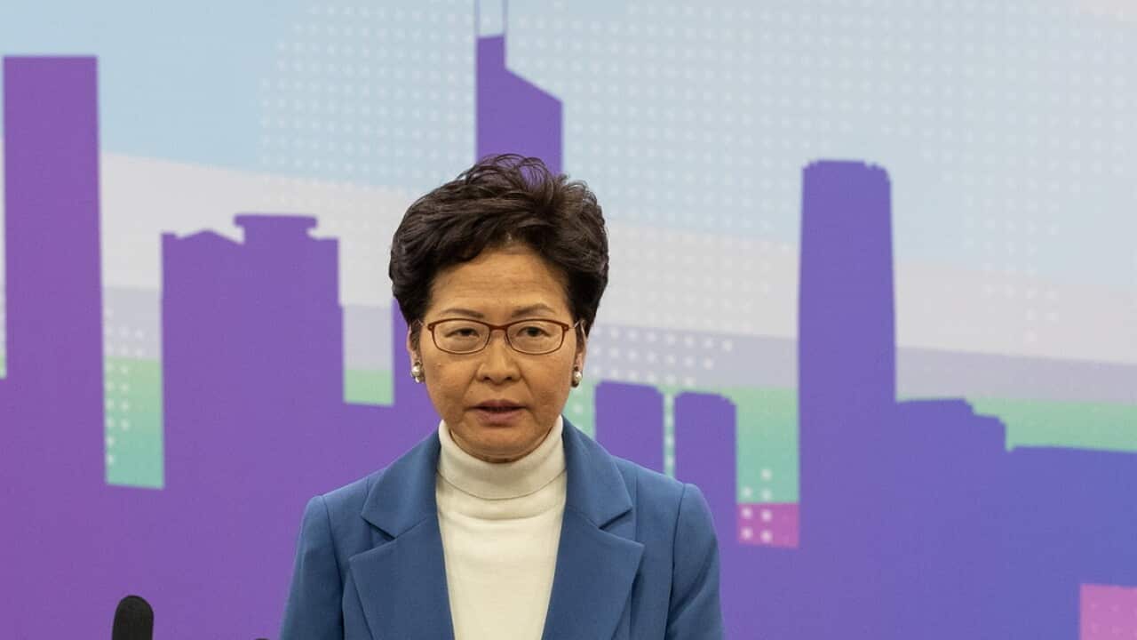 Hong Kong Chief Executive Carrie Lam speaks during a media briefing in Beijing