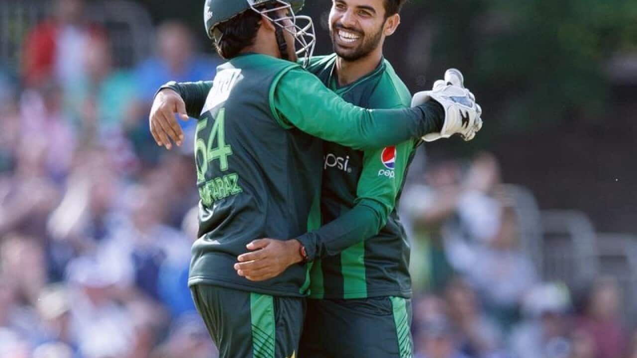 Pakistan's Shadab Khan and Sarfraz Ahmed.