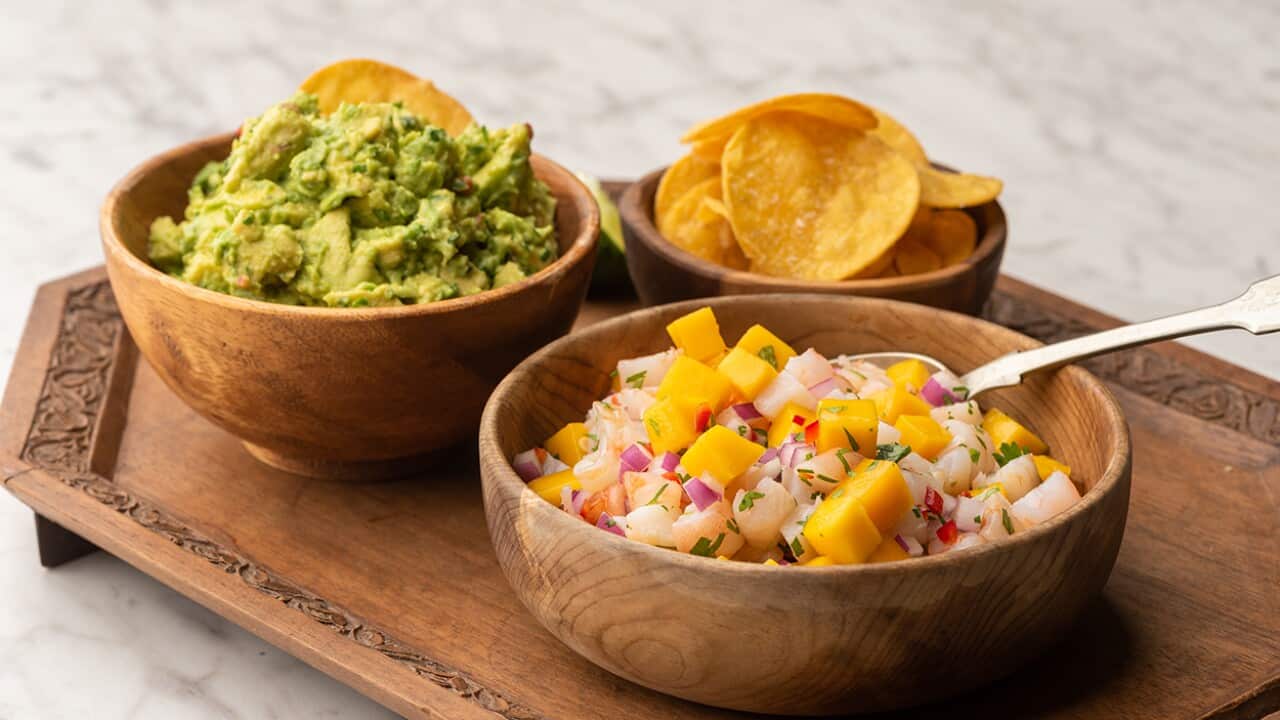 Tostadas with mango-prawn salsa and guacamole