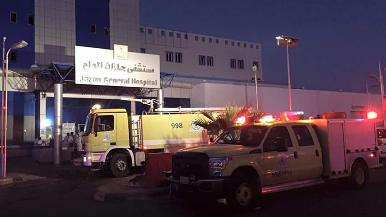 Emergency service vehicles outside the Jazan General Hospital