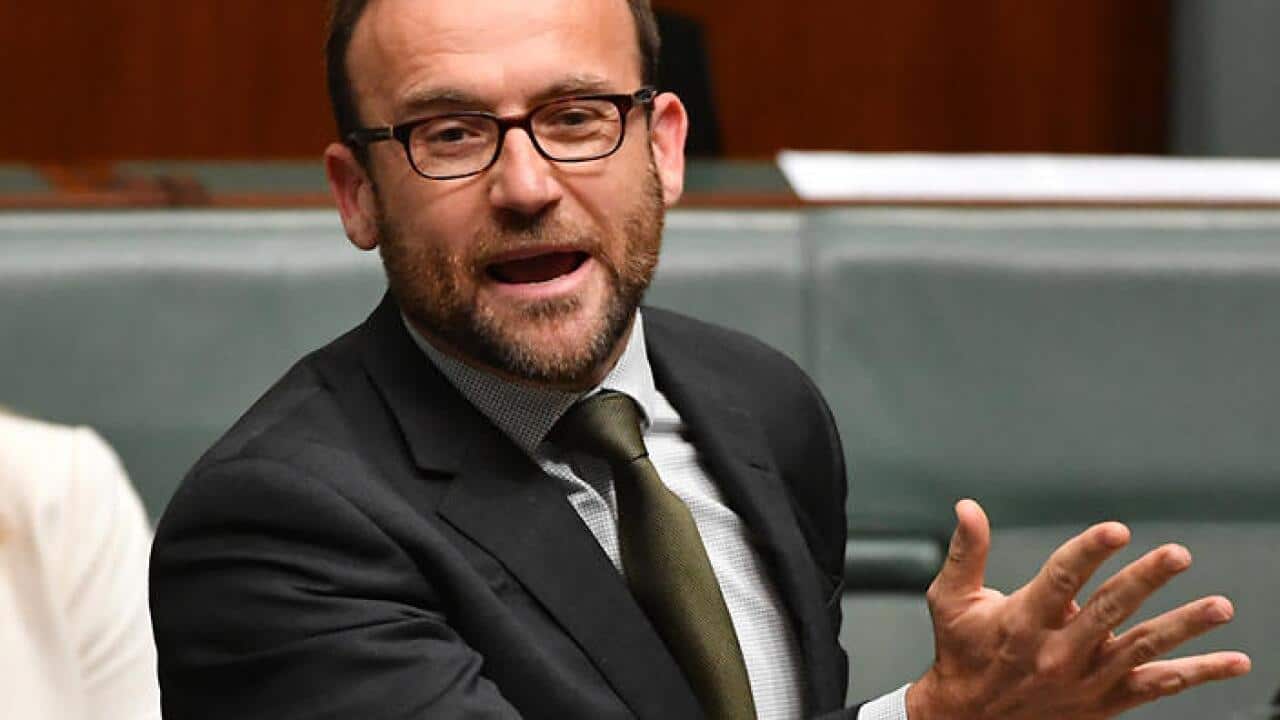 Greens Member for Melbourne Adam Bandt during Question Time in the House of Representatives at Parliament House in Canberra, Monday, Feb. 13, 2017. (AAP Image/Mick Tsikas) NO ARCHIVING