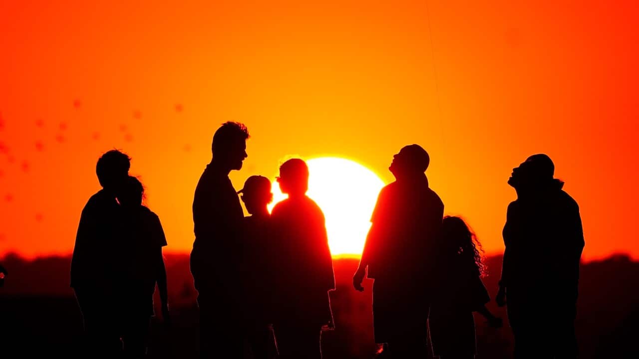 Silhouettes of a group of people in the sunset.