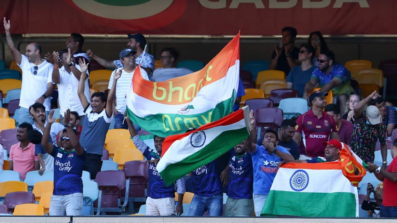 The Bharat Army members are seen celebrating India's win against Australia in the fourth cricket test at the Gabba, Brisbane, Australia