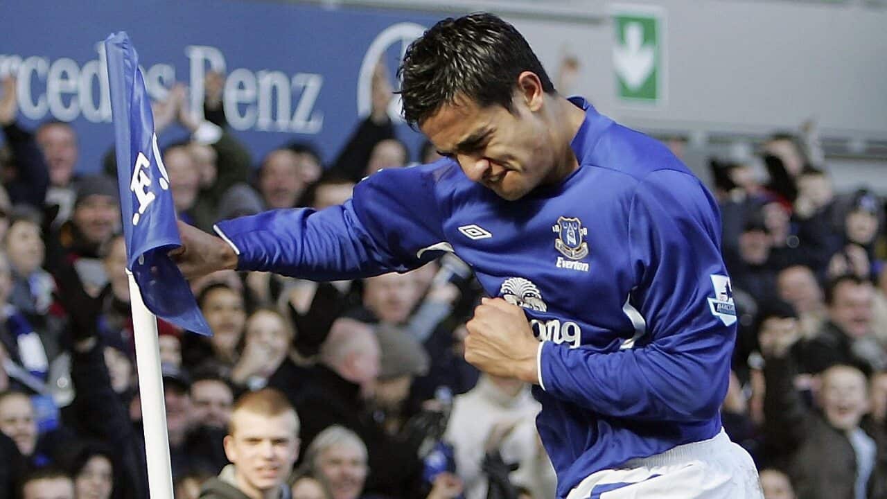 Tim Cahill celebrates a goal for Everton in 2006