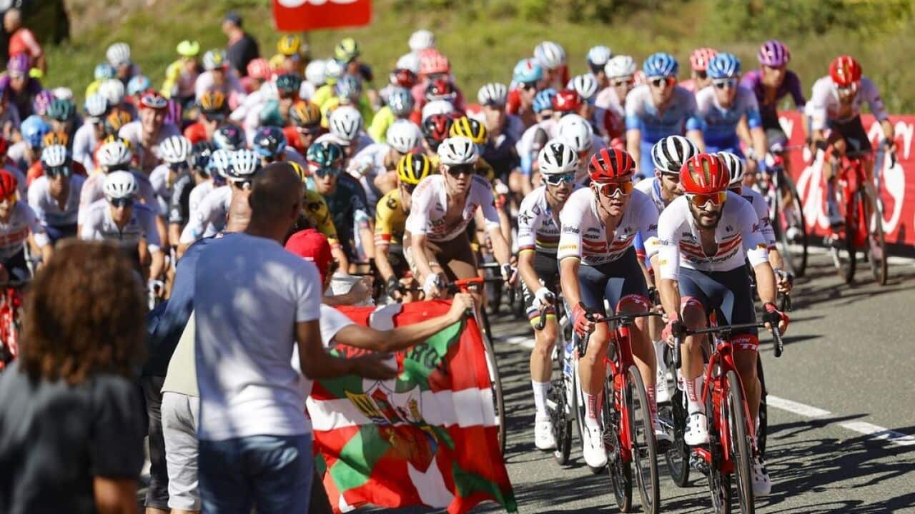 Mads Pedersen at the head of the peloton on Stage 4 of La Vuelta