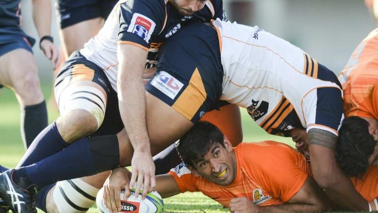 Jaguares' Matias Orlando scores a try against the Brumbies.