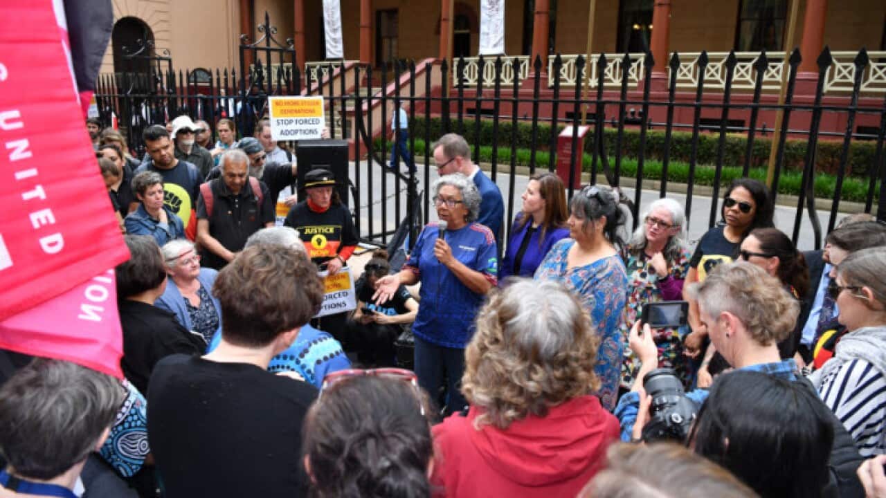 Protesters at the Stop Forced Adoptions Protest outside Parliament House in Sydney