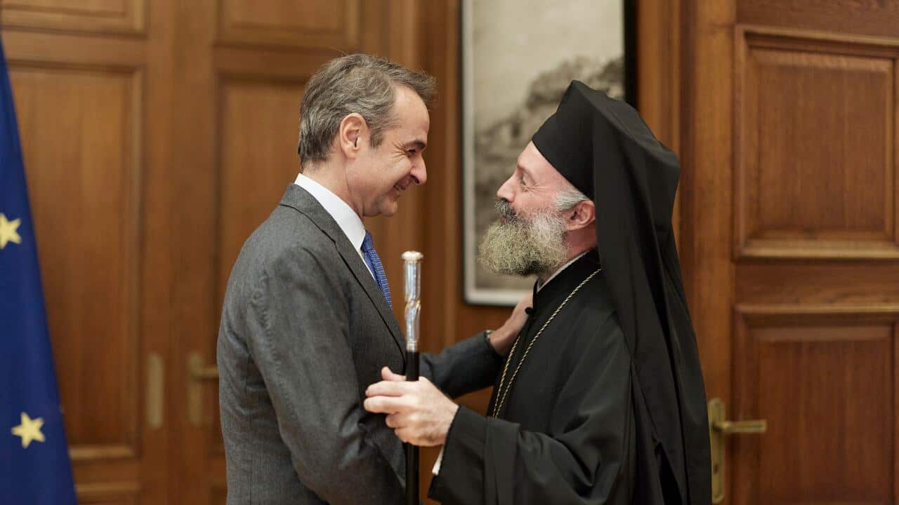 Ο Έλληνας πρωθυπουργός Κυριάκος Μητσοτάκης και του Αρχιεπίσκοπος Αυστραλίας και πάσης Ωκεανίας Μακάριος