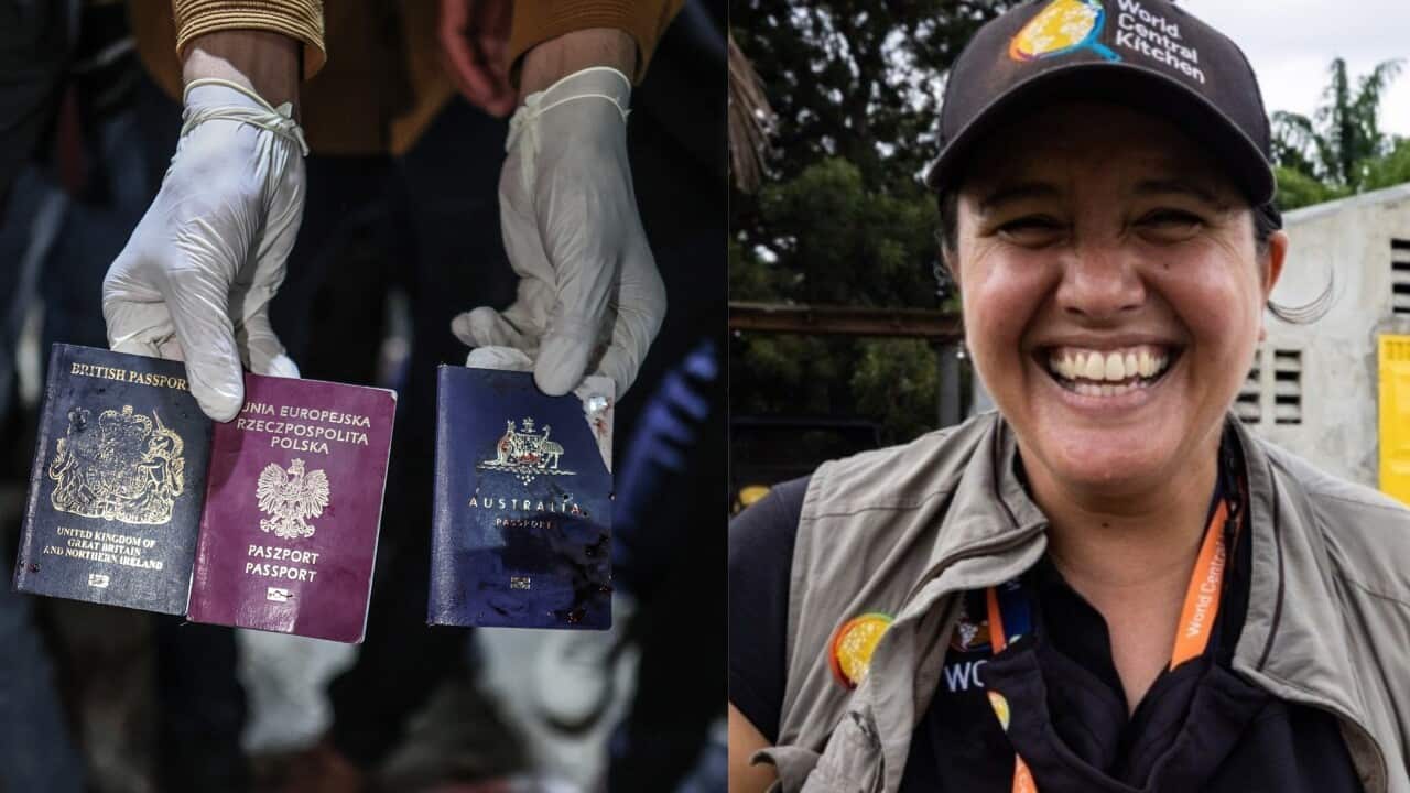A composite image of a hand holding three passports and a smiling woman