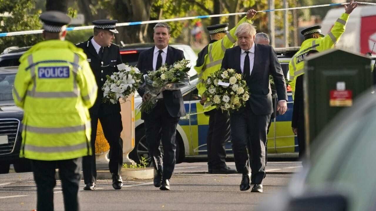 British Prime Minister Boris Johnson and Labour Party leader Keir Starmer arrive at the scene where David Amess was stabbed.