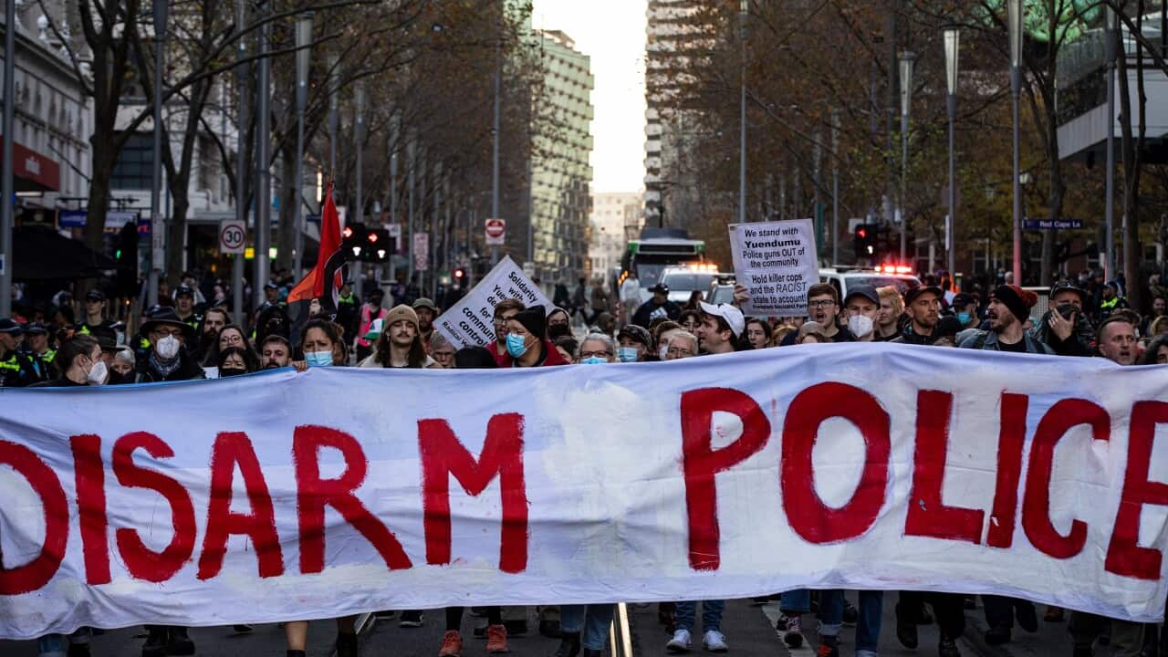 Demonstrators in Melbourne on the National Day of Action on Aboriginal Deaths in Custody in June, 2022