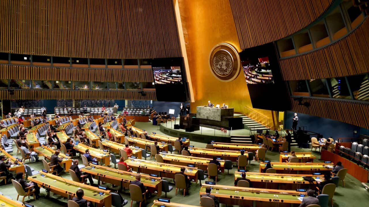 The 75th session of the UN General Assembly with delegates sitting distanced apart in the famous UNGA hall at New York Headquarters.