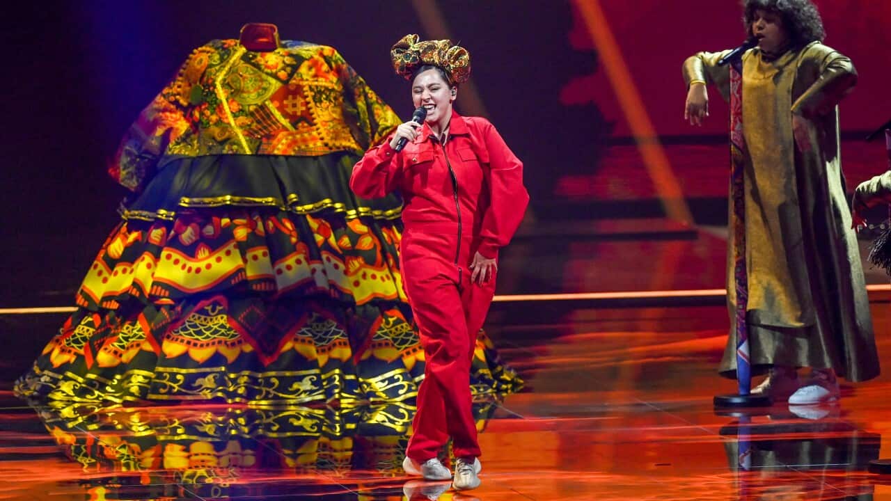 Manizha (Russia) during the first dress rehearsal of the first semifinal of the Eurovision Song Contest 2021 at Ahoy arena in Rotterdam, Netherlands.