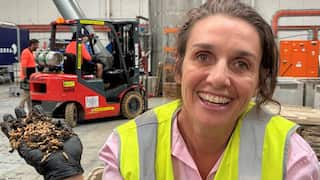 A woman in a pink shirt and hi vis vest holds a handful of insects, in front of a forklift.