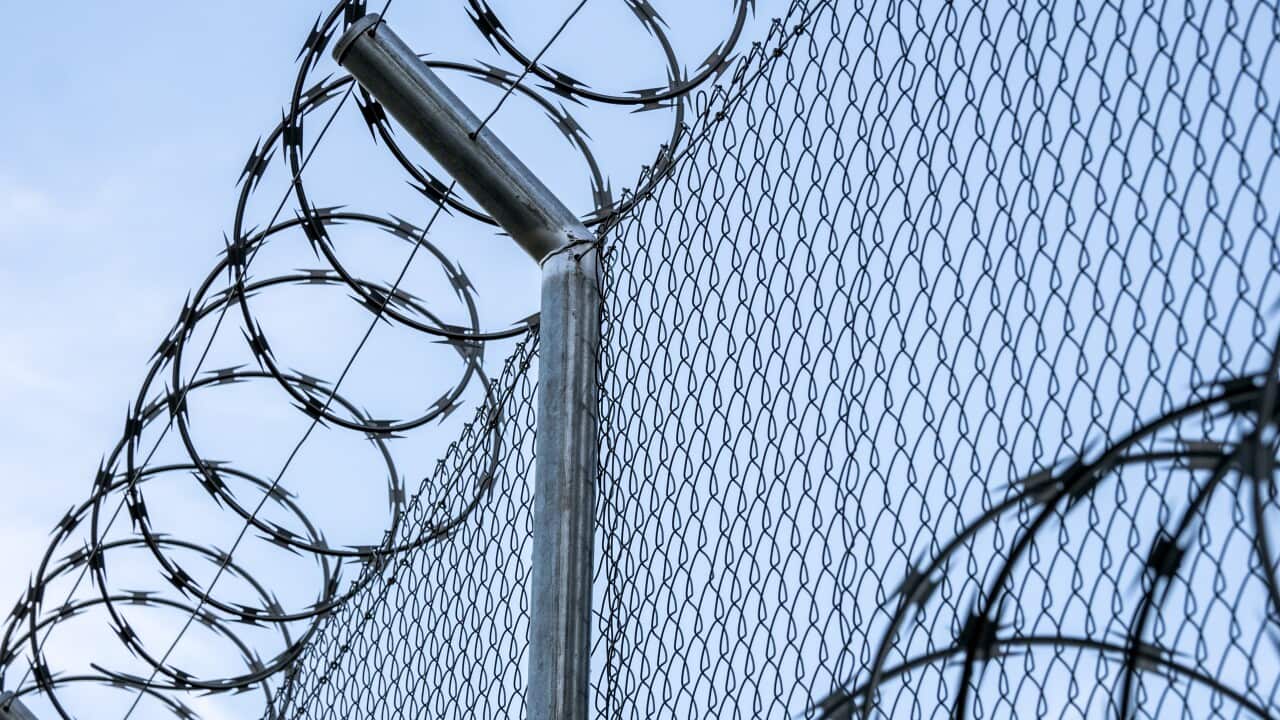 Metal fence with barbed wire.