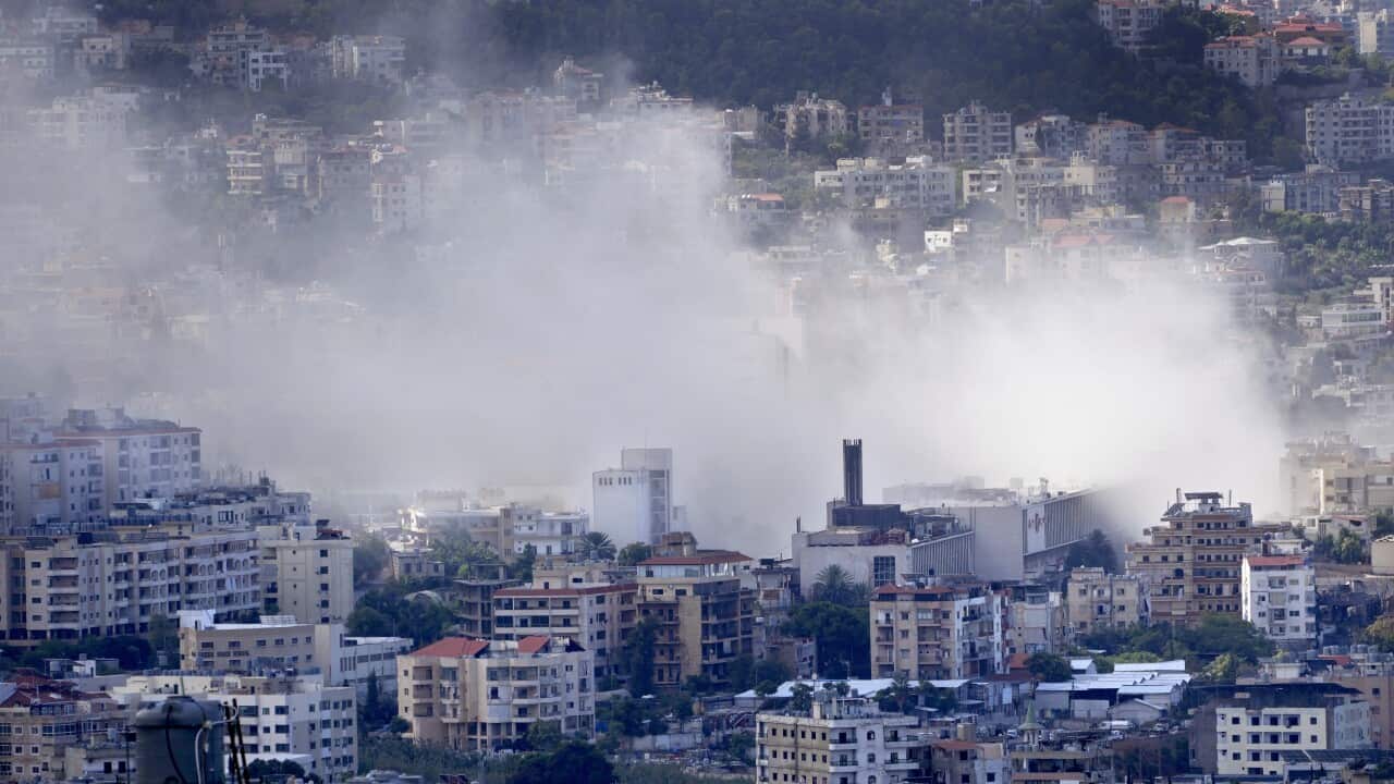 Smoke rises from an Israeli airstrike in Choueifat, south of Beirut (AAP)