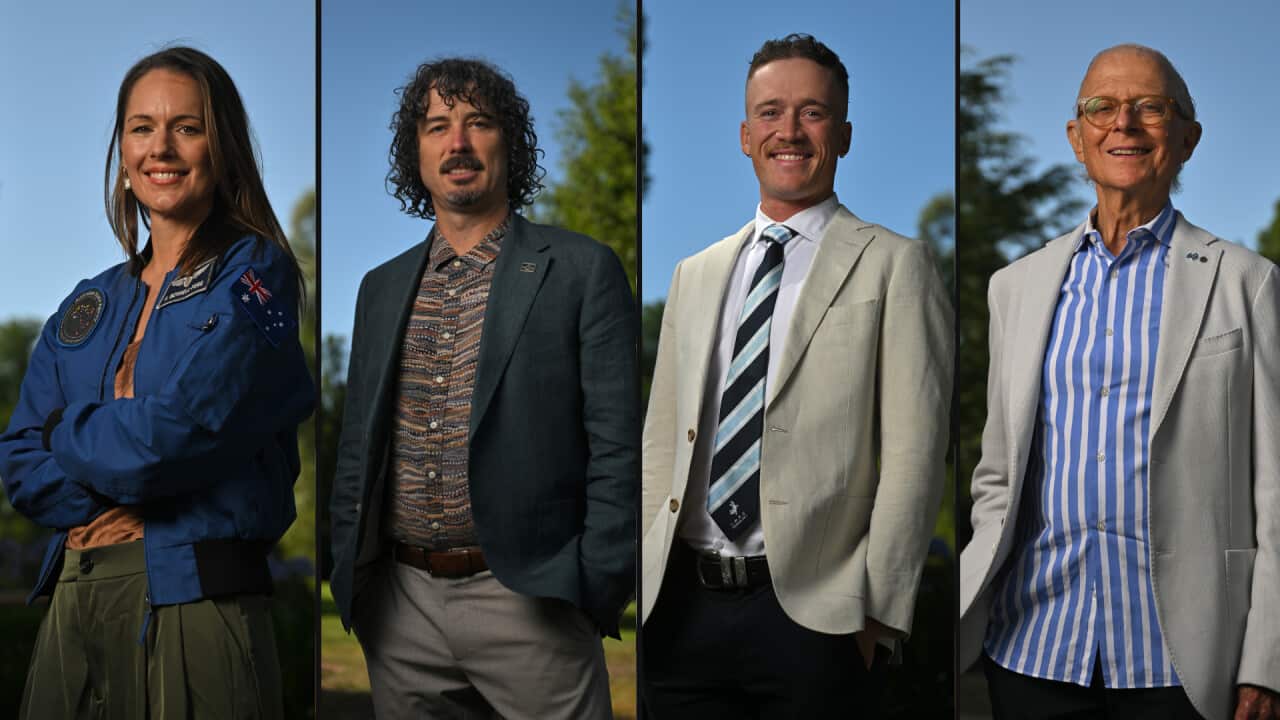 A composite image features portraits of four individuals — a woman in an astronaut flight suit and three men in semi-formal attire.