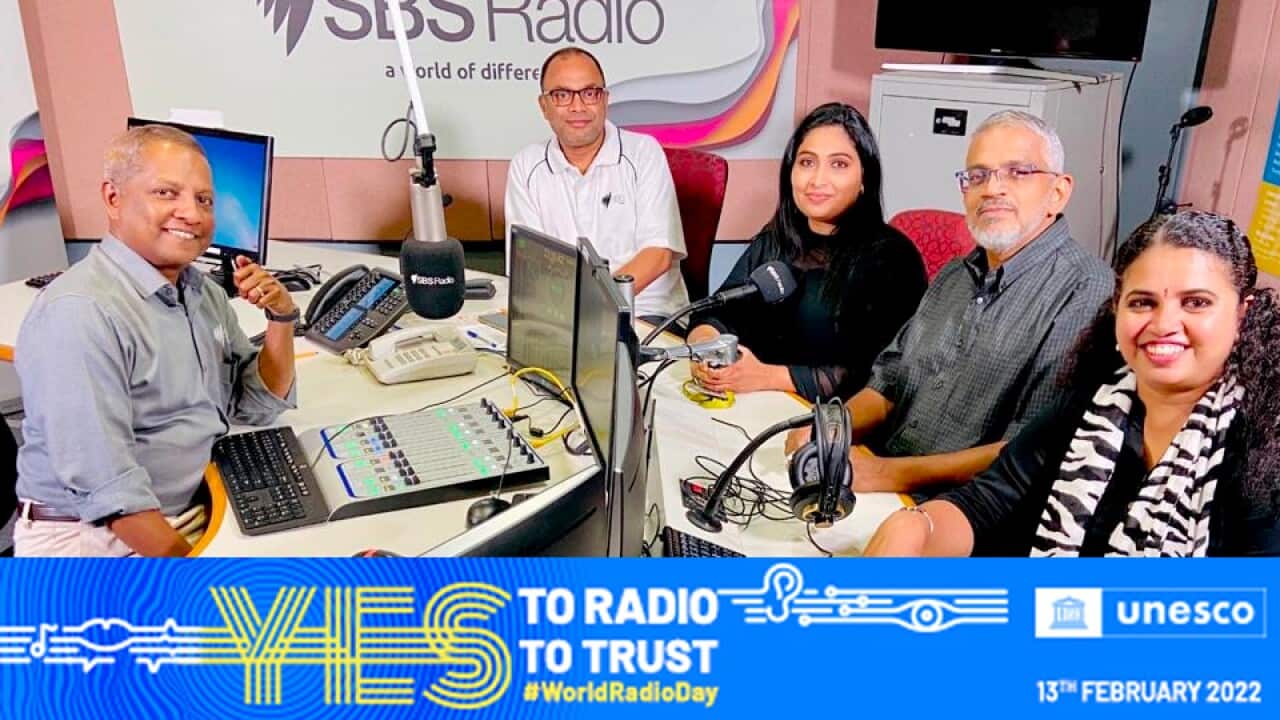 SBS Tamil broadcasters celebrating World Radio Day. From Left: RaySel, Maheswaran Prabaharan, Rekuna Thuraisingam, Kulasegaram Sanchayan, and Selvi