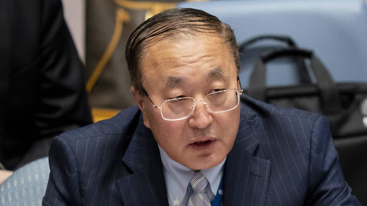 China's United Nations ambassador Zhang Jun is seen speaking.