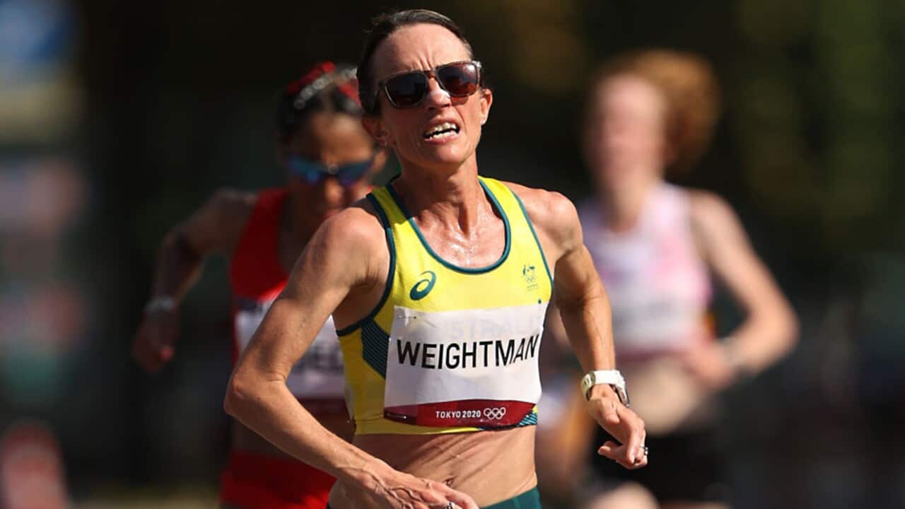 Lisa Weightman crosses the finish line of the Women's Marathon final at the Tokyo Olympic Games