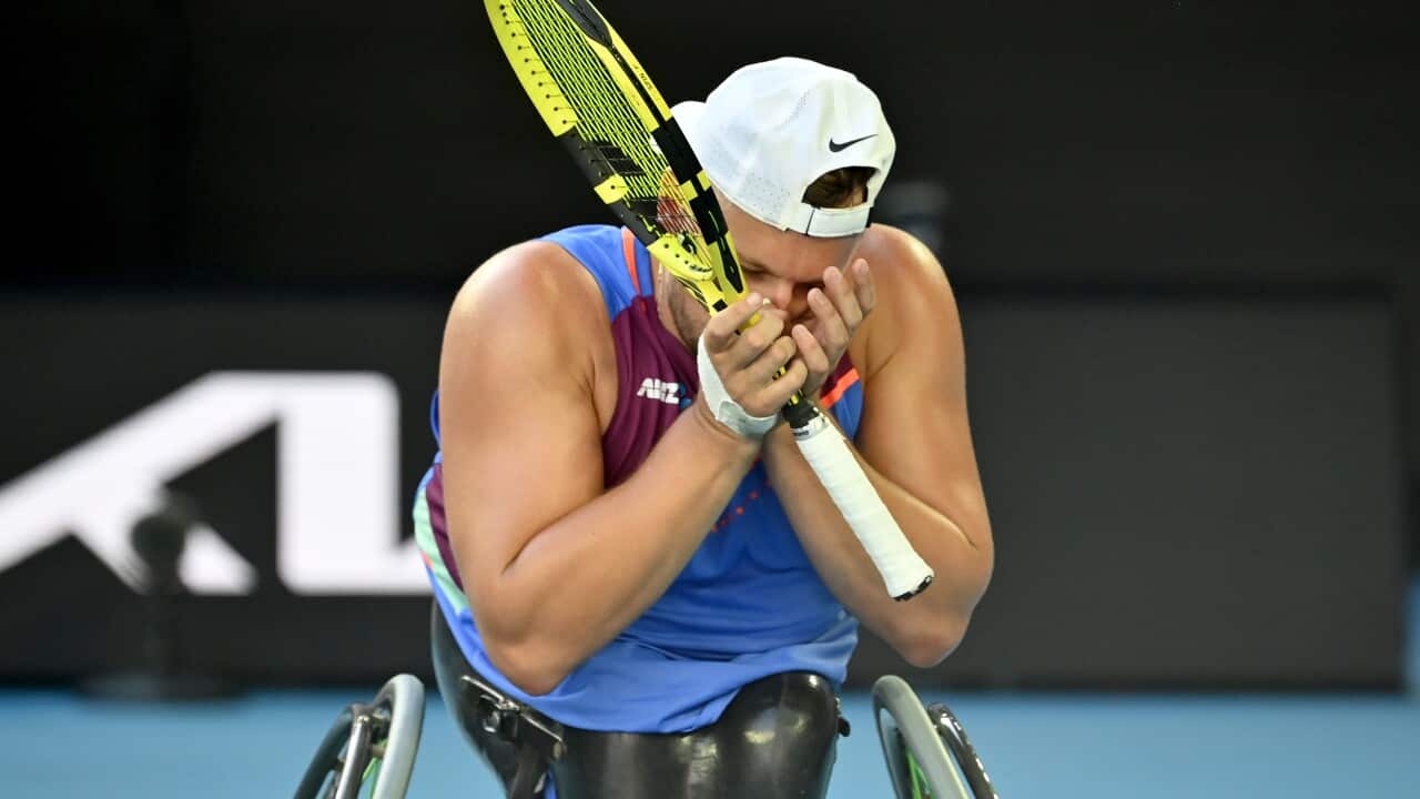 Dylan Alcott of Australia reacts during his Mens quad wheelchair singles final against Sam Schroder of The Netherlands on Day 11 of the Australian Open, at Melbourne Park, in Melbourne, Thursday, January 27, 2022. (AAP Image/Joel Carrett) NO ARCHIVING, ED