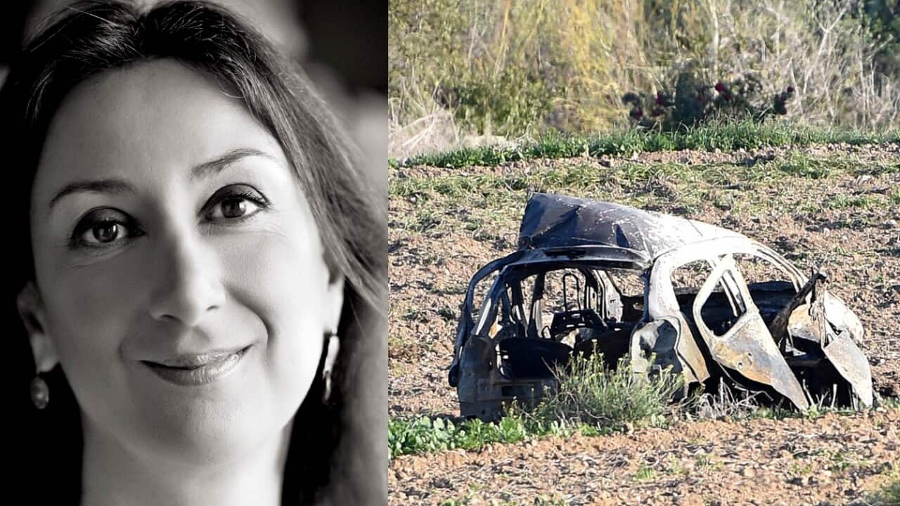 Photo of investigative journalist Daphne Caruana Galizia, and the wreckage of the car