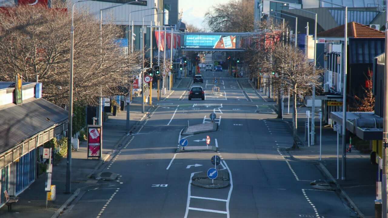Columbo Street, the main street in central Christchurch is pictured semi-deserted during the lockdown.