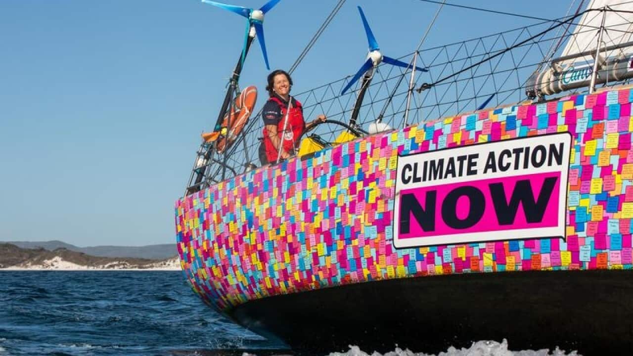 solo yachtswoman Lisa Blair on the boat named 'Climate Action Now'.