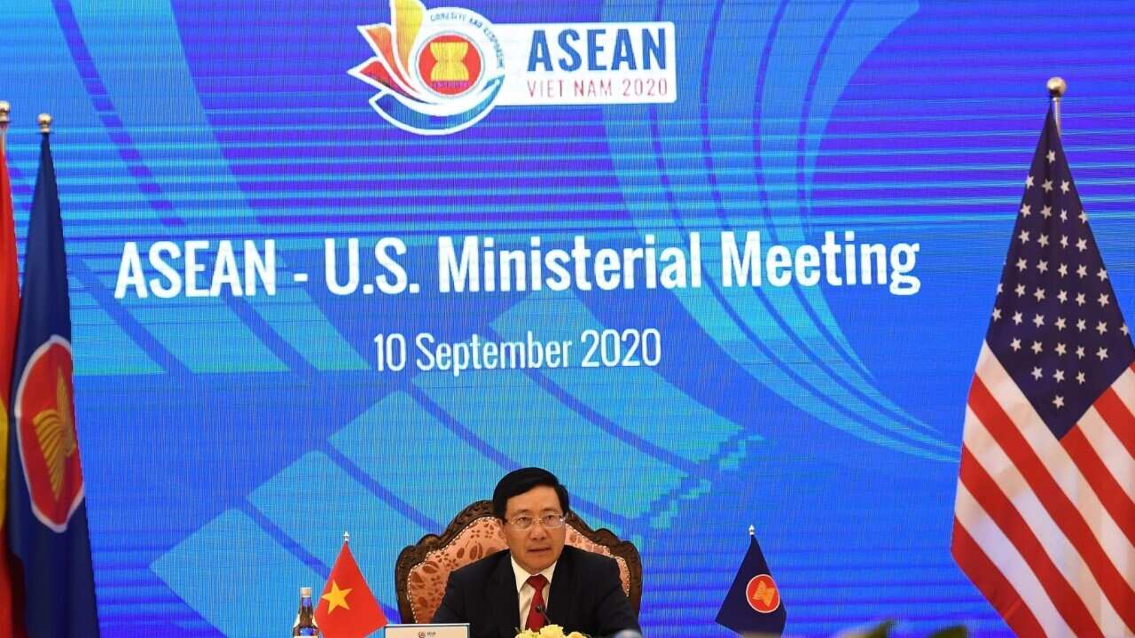 Vietnam's Foreign Minister Pham Binh Minh addresses a live video conference during the ASEAN-US Ministerial Meeting . (NHAC NGUYEN - AFP via Getty Images)