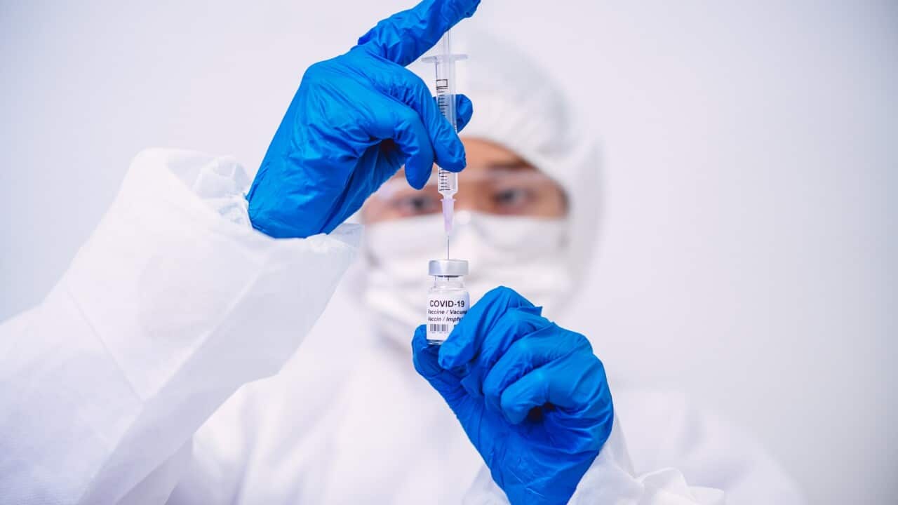 A doctor fills an injection syringe with COVID-19 vaccine