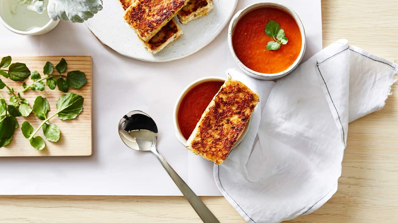 Chipotle roasted tomato soup with grilled cheese fingers